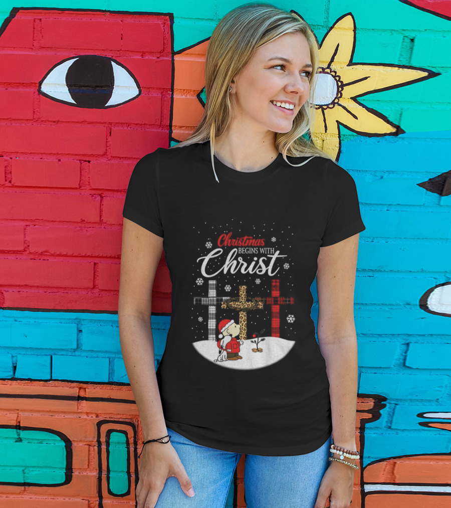 Christmas Begins With Christ Snoopy Charlie Brown Holiday Snow Scene T-Shirt