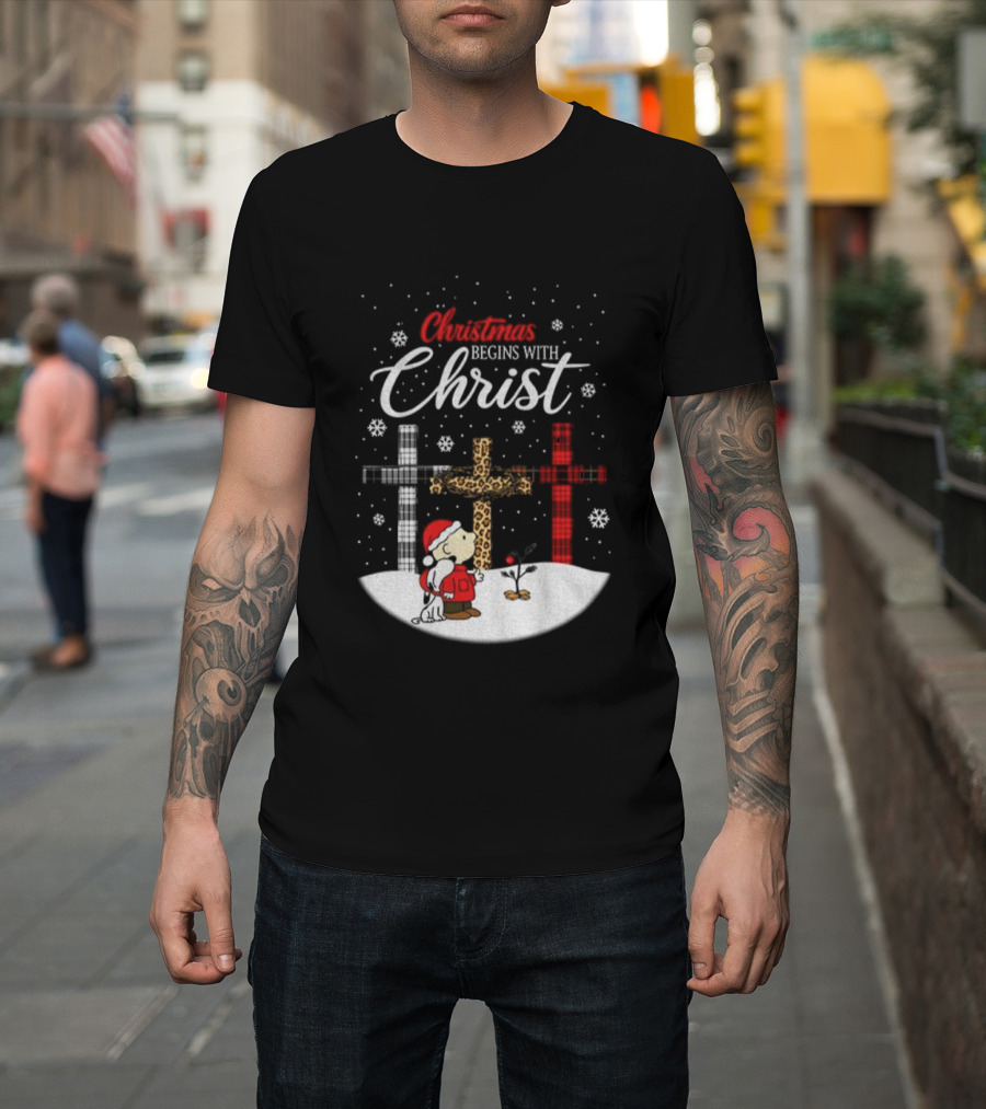Christmas Begins With Christ Snoopy Charlie Brown Holiday Snow Scene T-Shirt