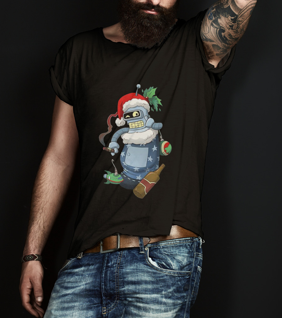 Futurama Bender Christmas Stocking Stuffer Smoking Cigar Santa Hat T-Shirt