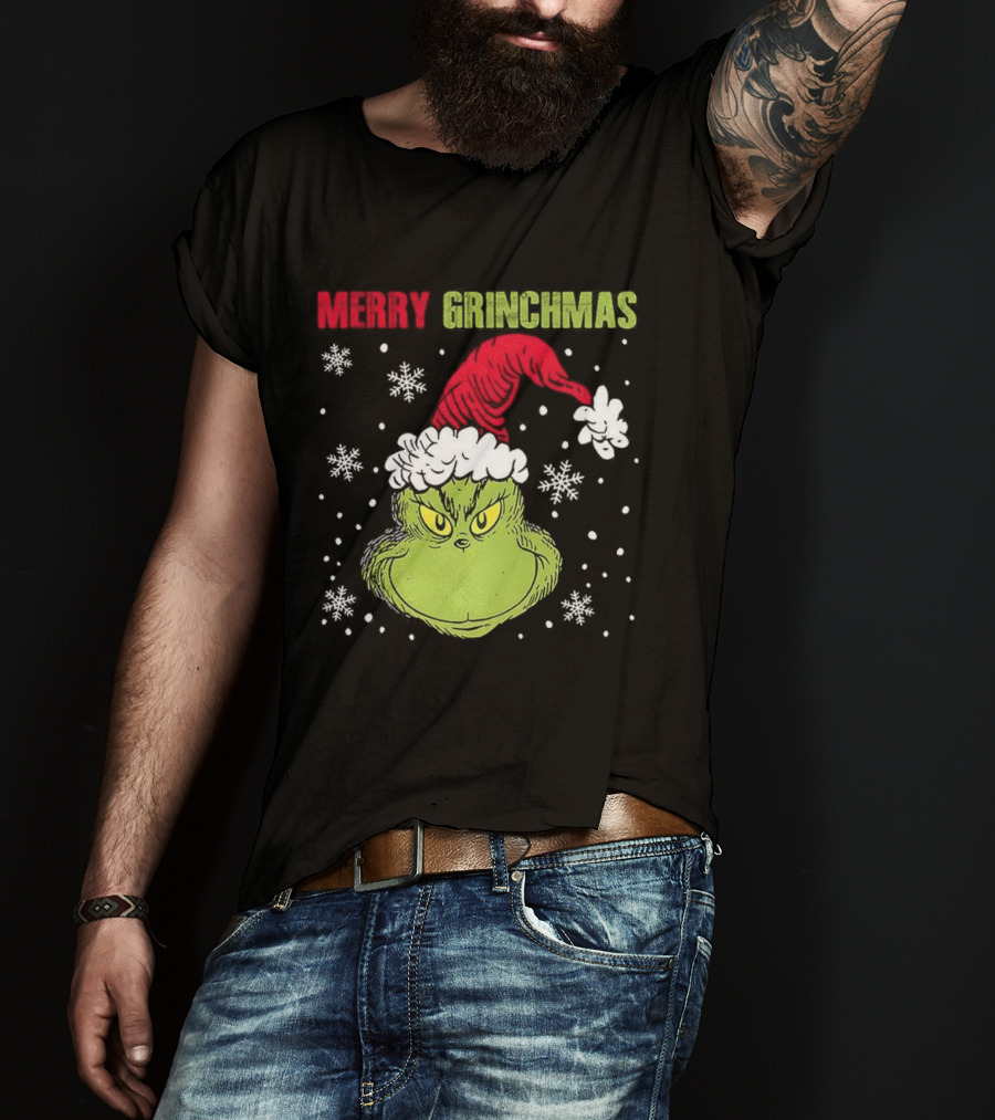 Merry Grinchmas Grinch Head Santa Hat Christmas Snowflakes T-Shirt
