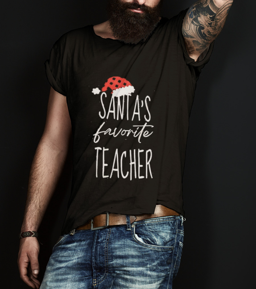 Santa's Favorite Teacher Christmas Hat Holiday T-Shirt
