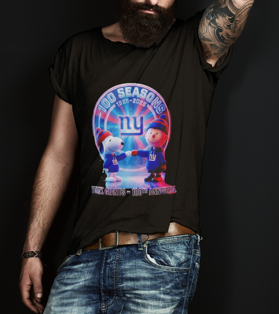 Snoopy Charlie Brown NY 100 Seasons 1925 2025 Giants 100th Anniversary T-Shirt