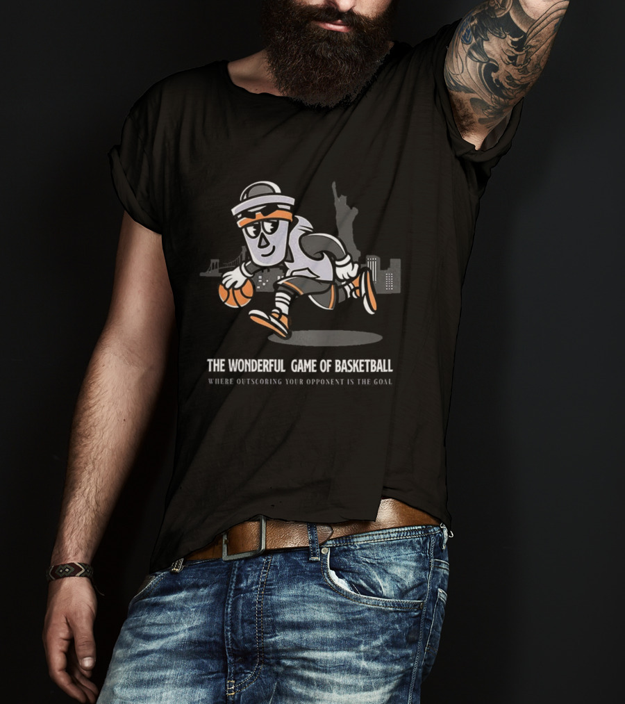 The Wonderful Game Of Basketball Mascot Bucket Man Outscoring Opponent NYC Skyline T-Shirt