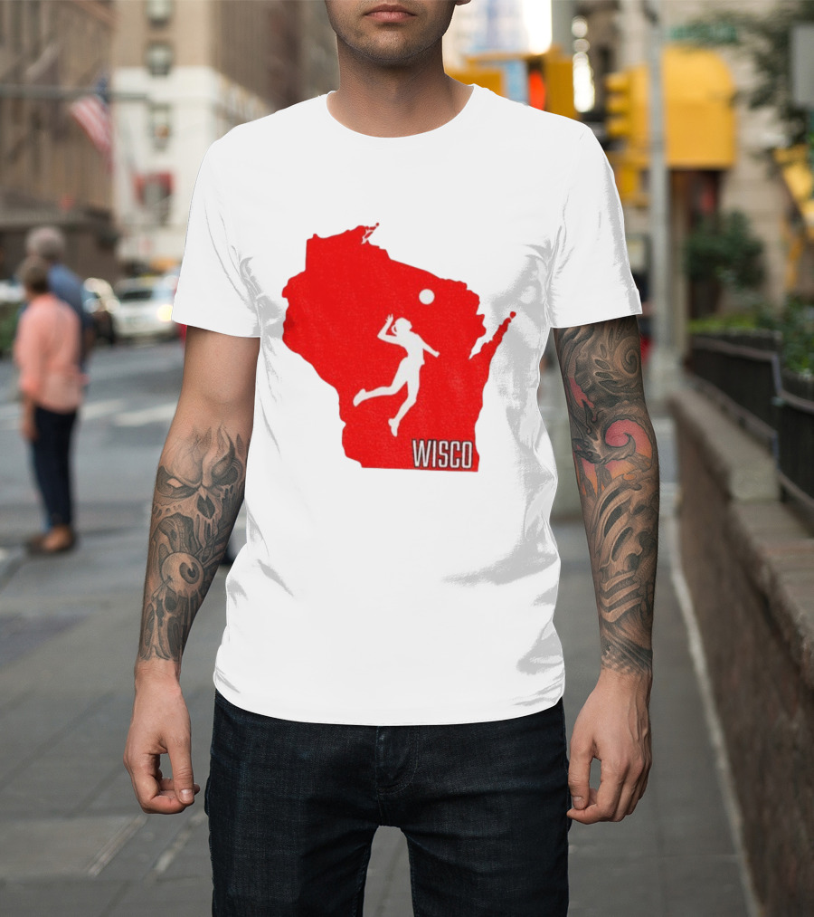 Wisconsin Badgers Volleyball Wisco Map Athlete Silhouette T-Shirt