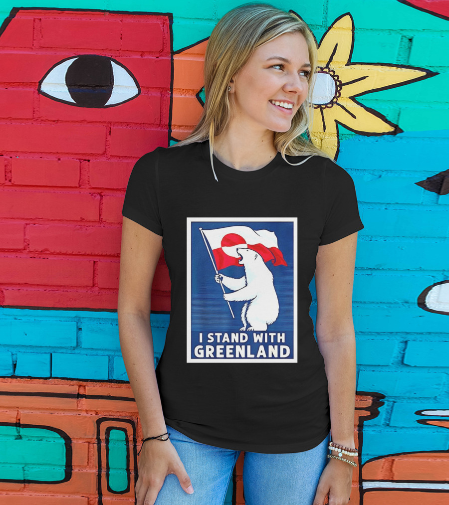I Stand With Greenland Polar Bear Holding Flag Solidarity Banner T-Shirt