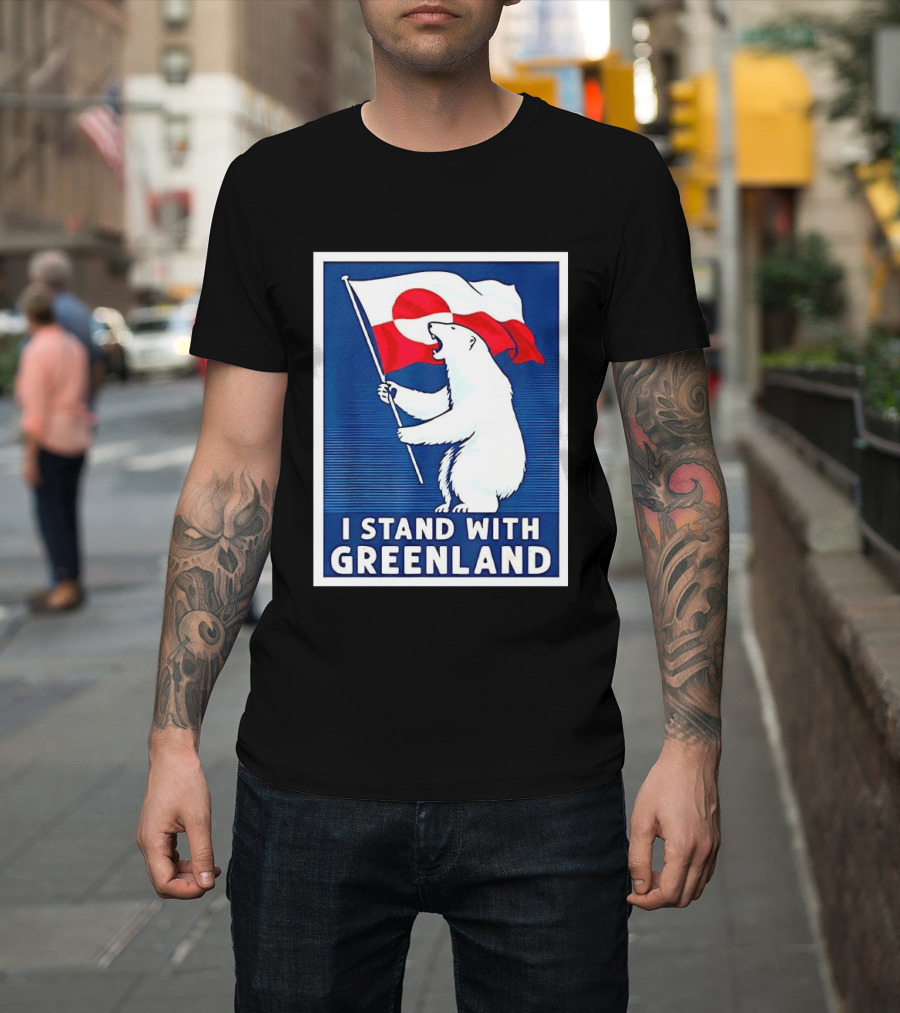 I Stand With Greenland Polar Bear Holding Flag Solidarity Banner T-Shirt