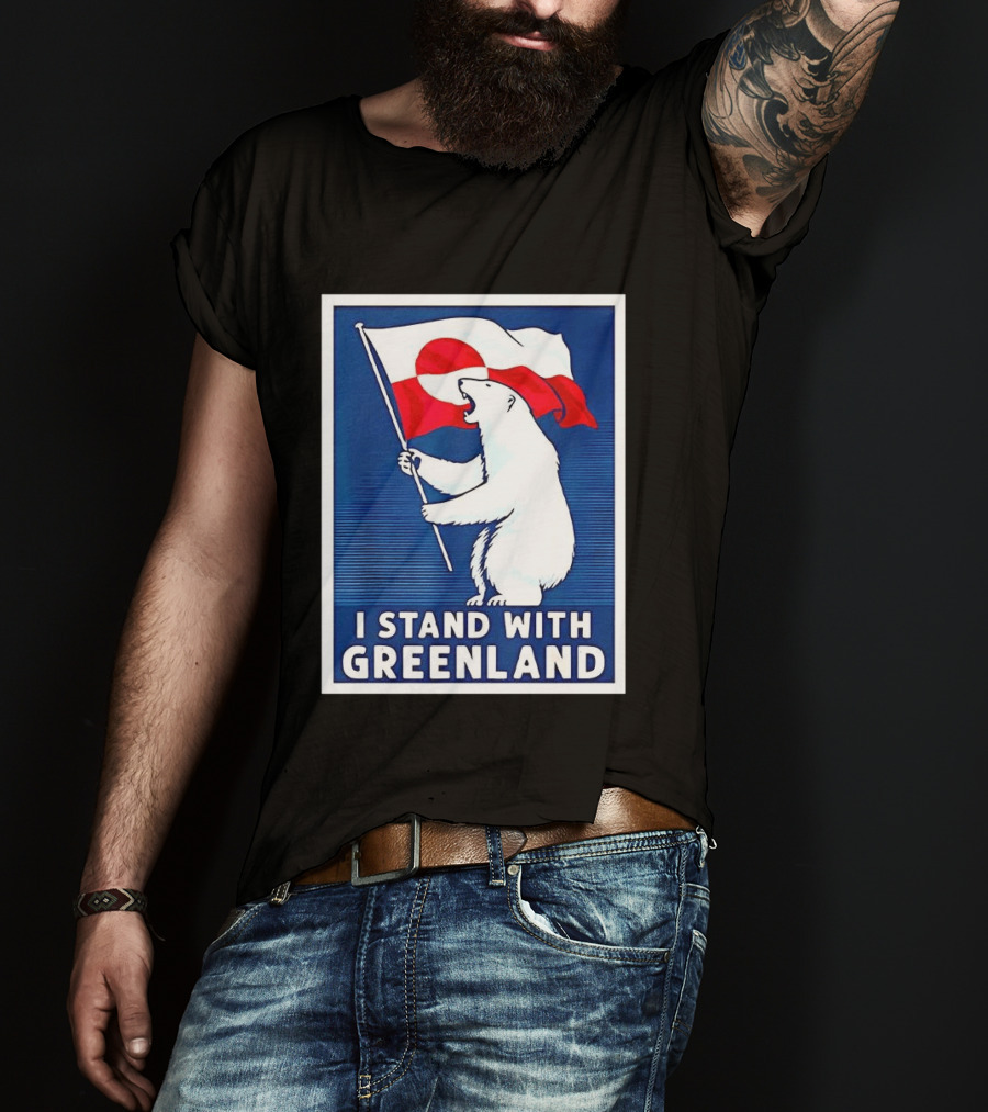 I Stand With Greenland Polar Bear Holding Flag Solidarity Banner T-Shirt