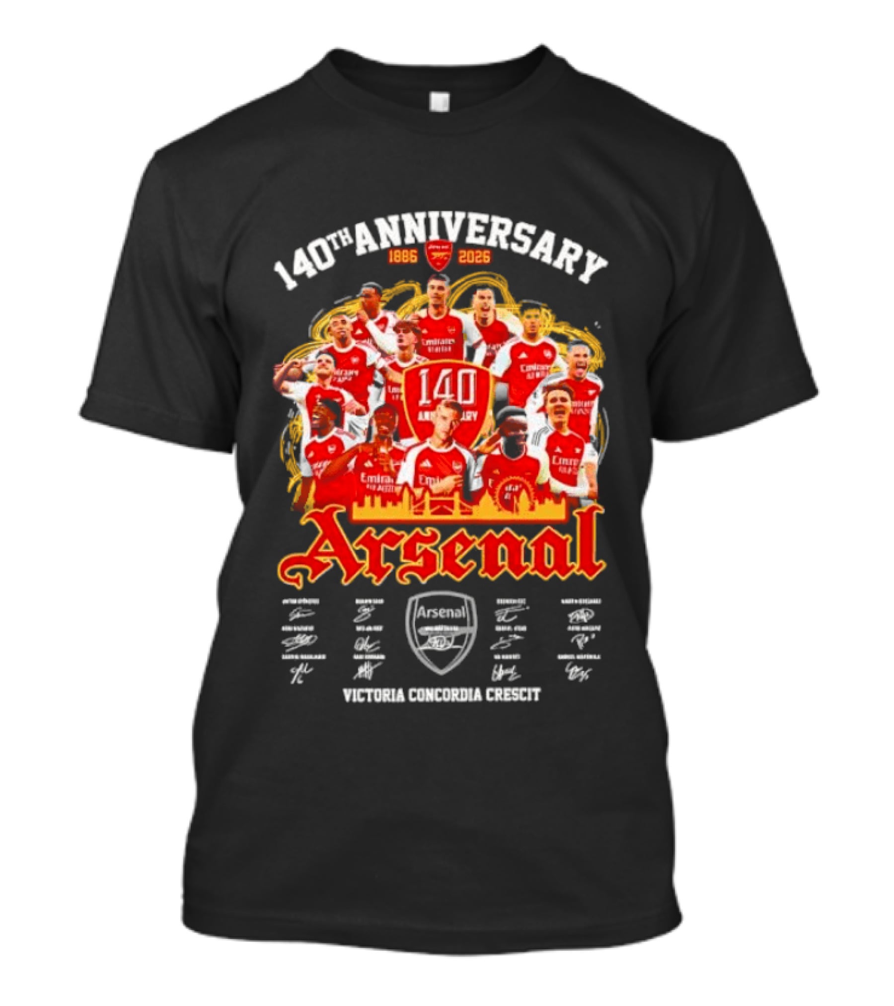 140th Anniversary Arsenal 1886 2026 Victoria Concordia Crescit Players Signatures T-Shirt