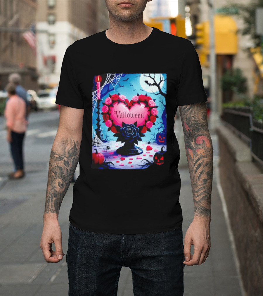 Valloween Romance And Menace Heart Rose Candle Moonlit Halloween T-Shirt