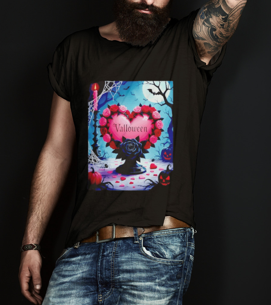Valloween Romance And Menace Heart Rose Candle Moonlit Halloween T-Shirt