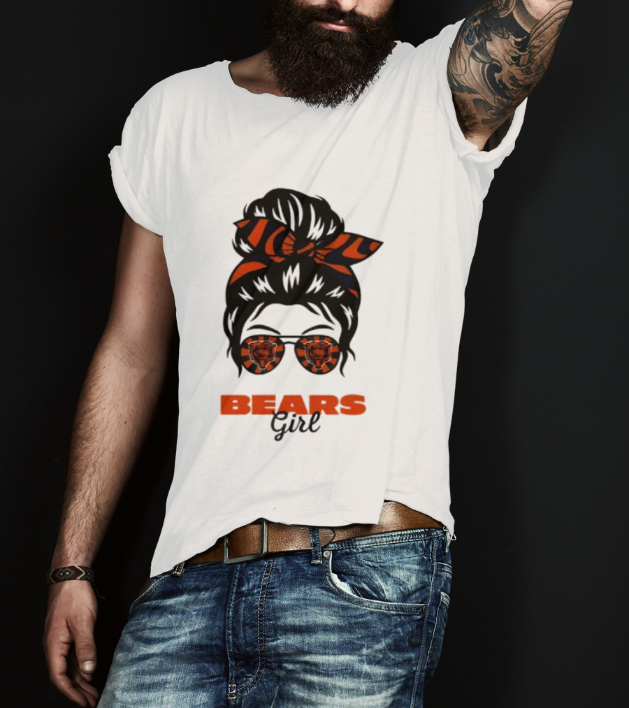 Chicago Bears Girl Messy Bun Glasses Football Fan T-Shirt