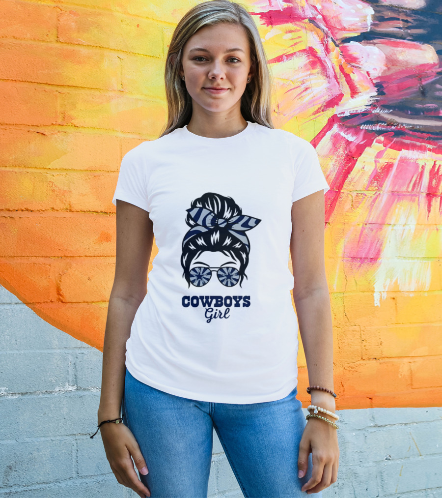 Dallas Cowboys Girl Messy Bun With Glasses And Star T-Shirt