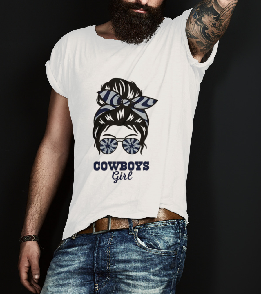 Dallas Cowboys Girl Messy Bun With Glasses And Star T-Shirt