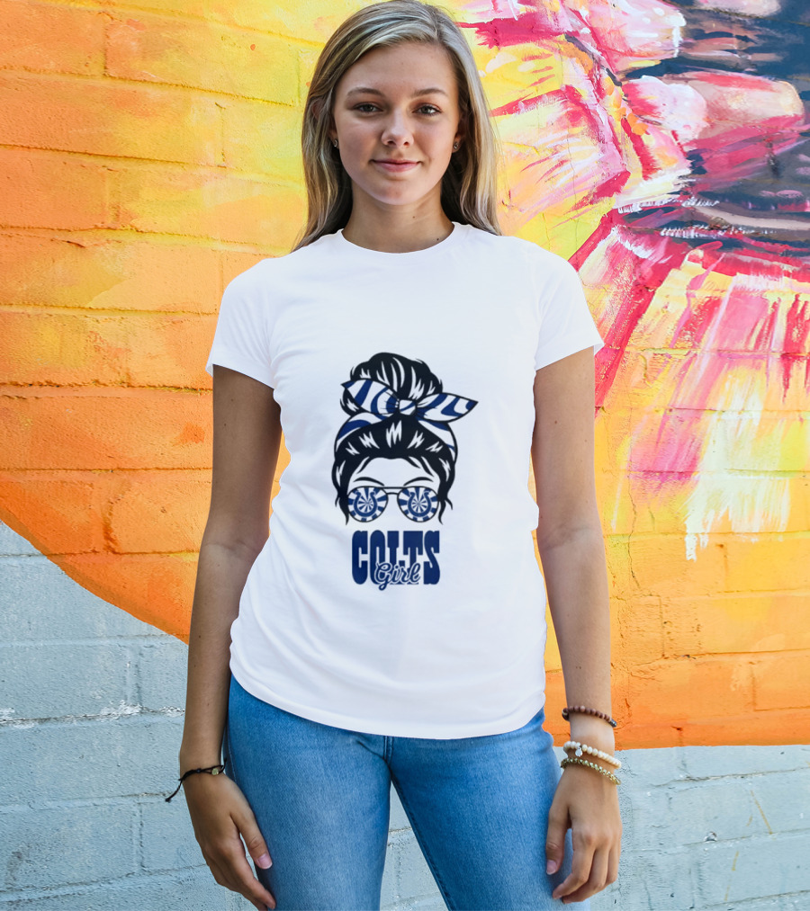 Indianapolis Colts Fan Messy Bun Glasses T-Shirt