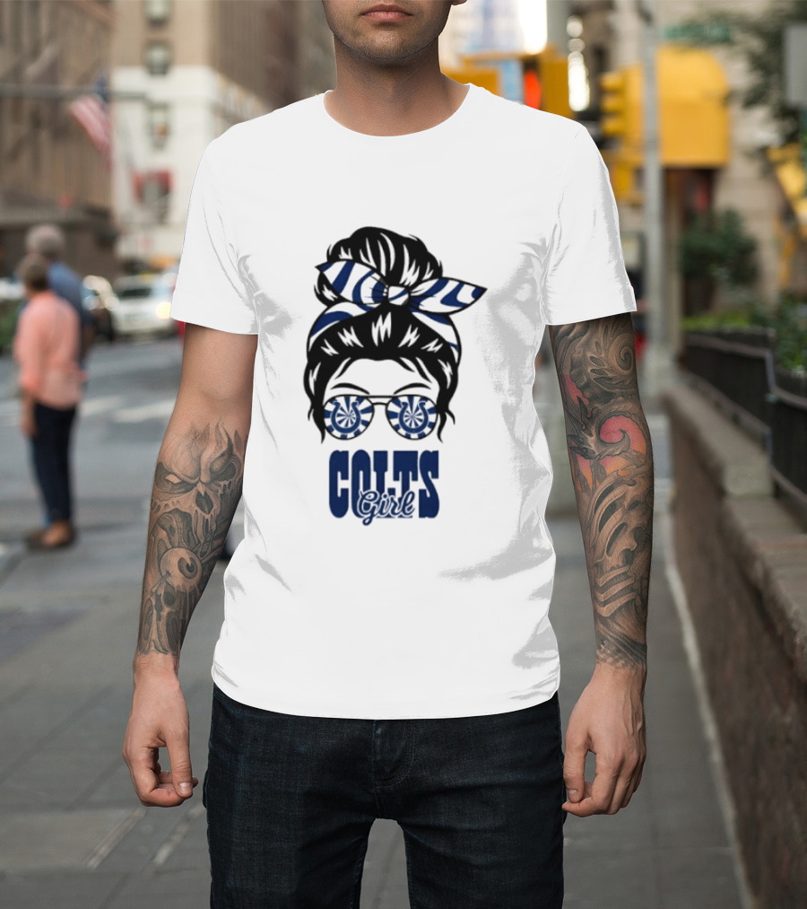 Indianapolis Colts Fan Messy Bun Glasses T-Shirt