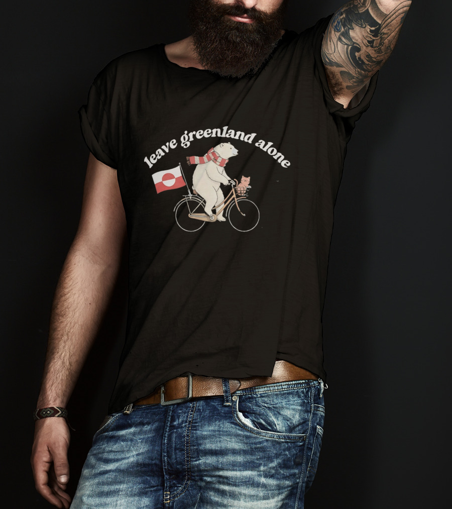 Leave Greenland Alone Bear On Bicycle With Greenland Flag And Scarf T-Shirt