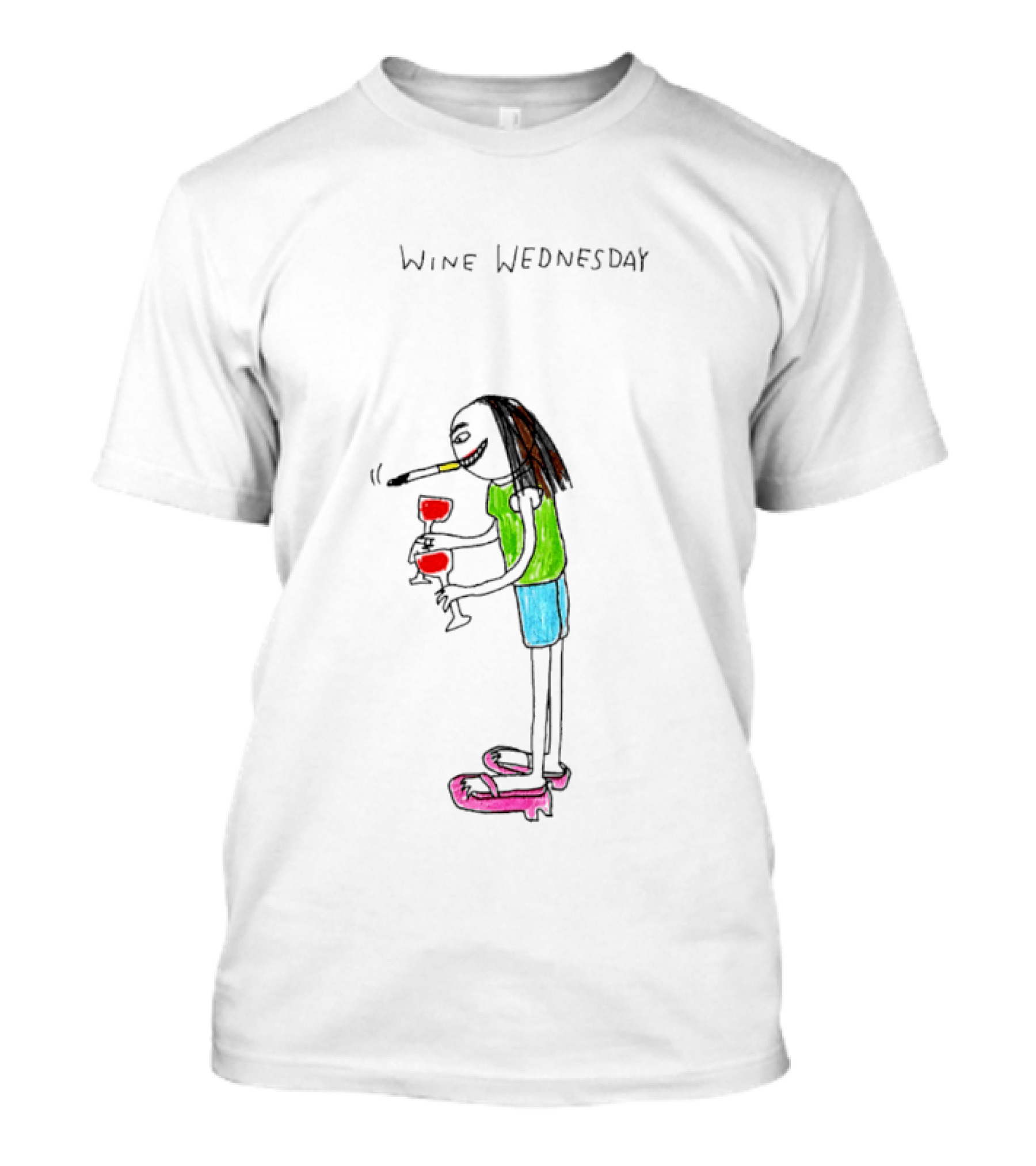 Wine Wednesday Girl Smoking Paint Vibrant Cartoon Character With Wine Glasses T-Shirt