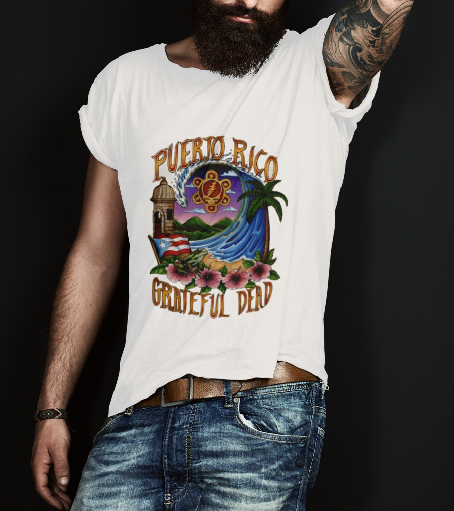 Puerto Rico Grateful Dead Tropical Wave With Hibiscus And Flag T-Shirt