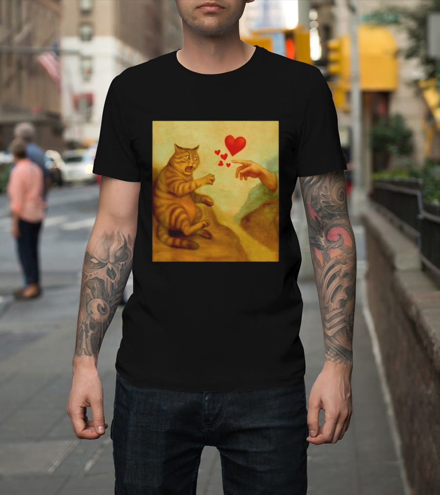 Cat Swatting God's Hand Surrounded By Hearts T-Shirt