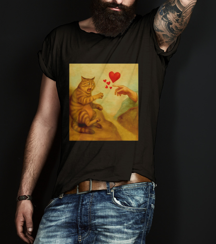 Cat Swatting God's Hand Surrounded By Hearts T-Shirt