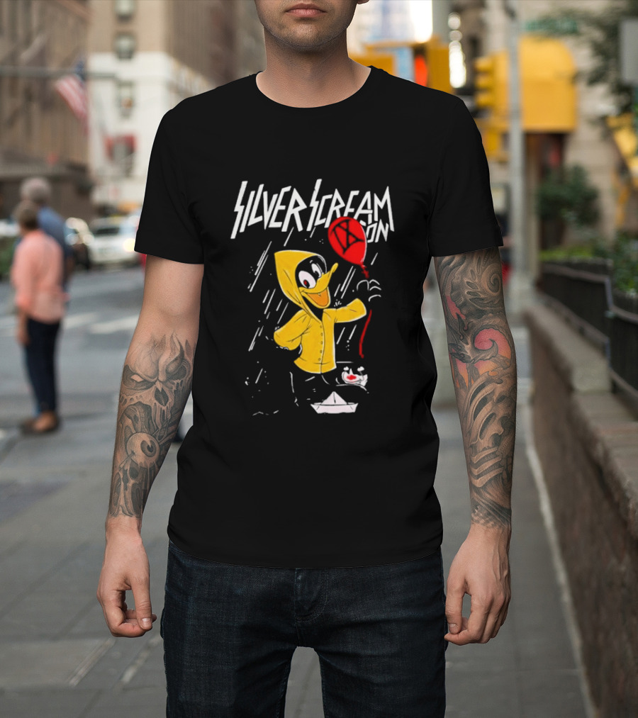 SILVER SCREAM CON Duck In Yellow Raincoat With Red Balloon T-Shirt