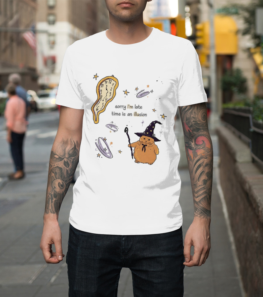 Sorry I'm Late Time Is An Illusion Time Traveling Witch Cat With Melting And Magic Wand T-Shirt
