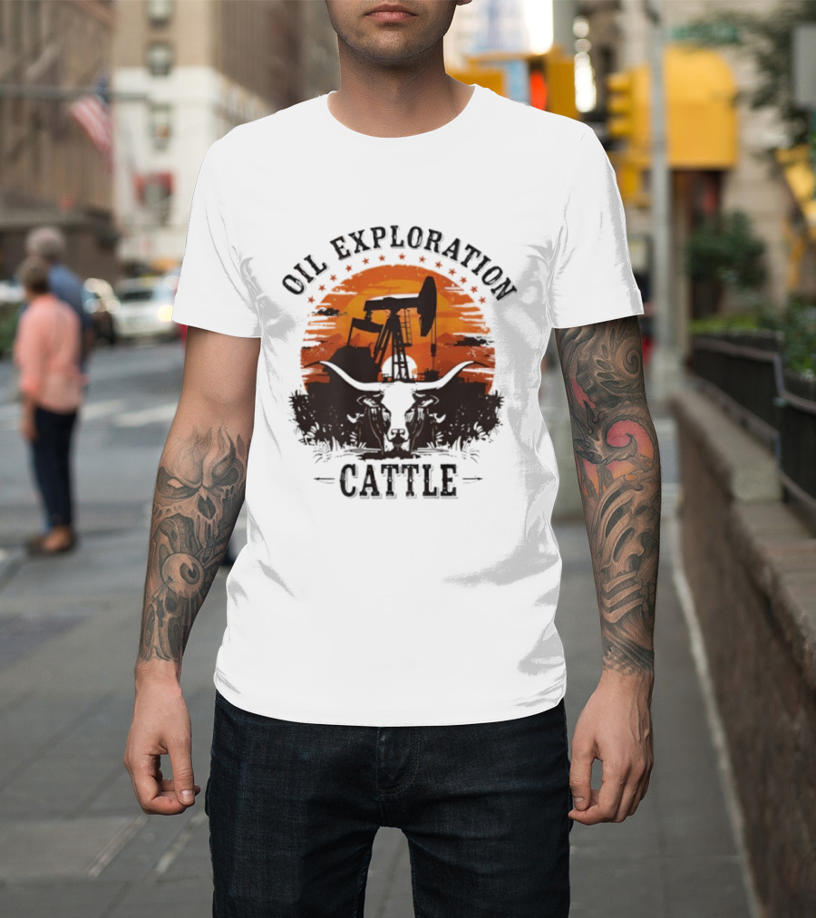 Oil Exploration Cattle Retro Vintage Pumpjack Sunset Scene T-Shirt