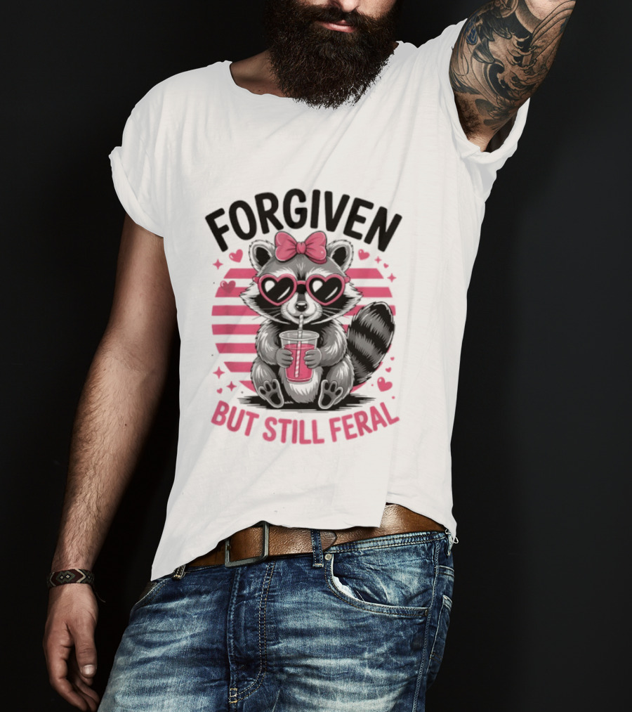 Forgiven But Still Feral Raccoon With Heart Glasses And Bow T-Shirt