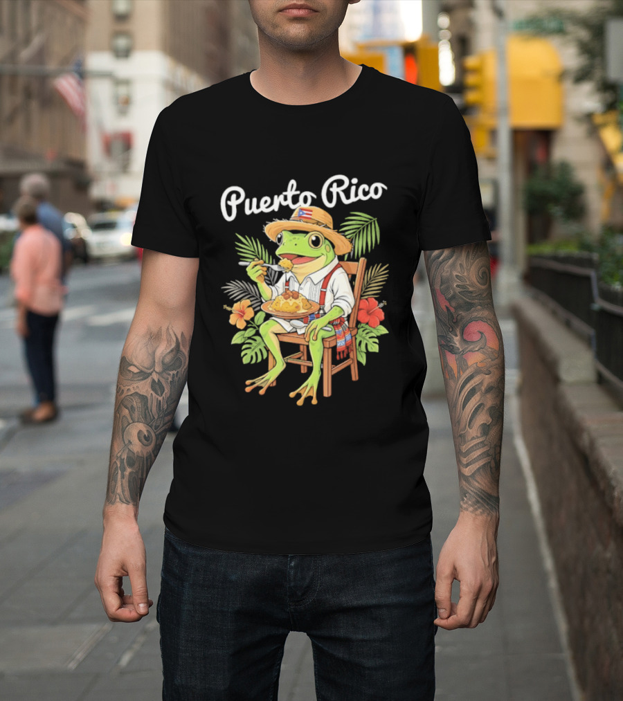 Puerto Rico Coqui Frog Eating Mofongo Taino Boricua Flag Hispanic T-Shirt