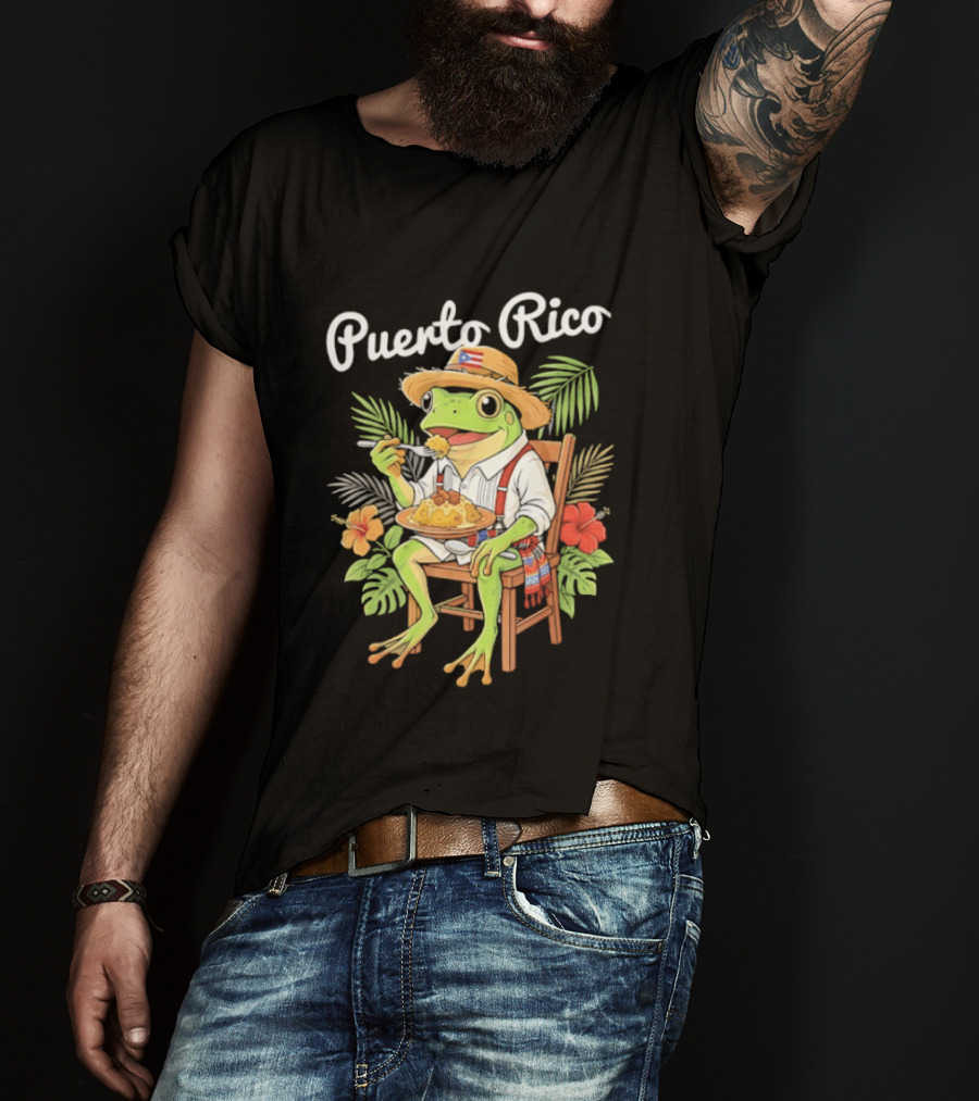 Puerto Rico Coqui Frog Eating Mofongo Taino Boricua Flag Hispanic T-Shirt