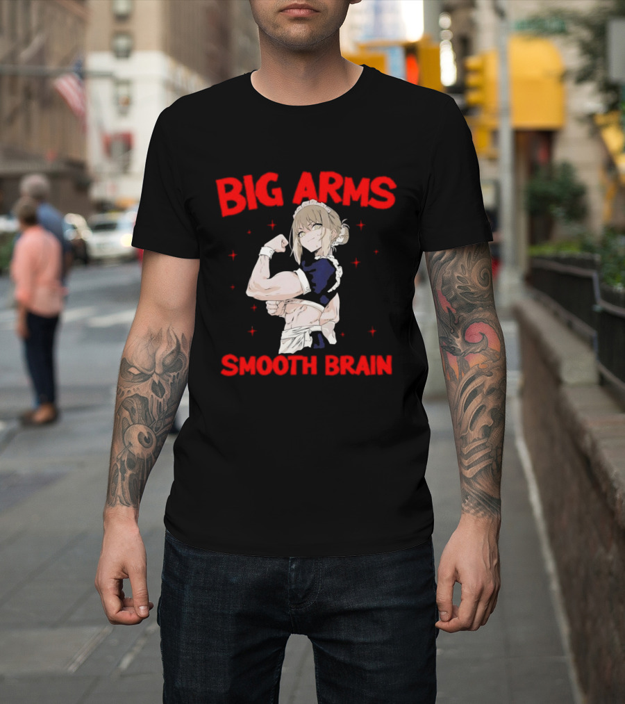 Big Arms Smooth Brain Anime Maid Flexing Strong Muscles T-Shirt