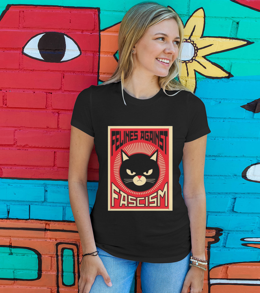 Felines Against Fascism Black Cat Political Satire Lorenzo T-Shirt