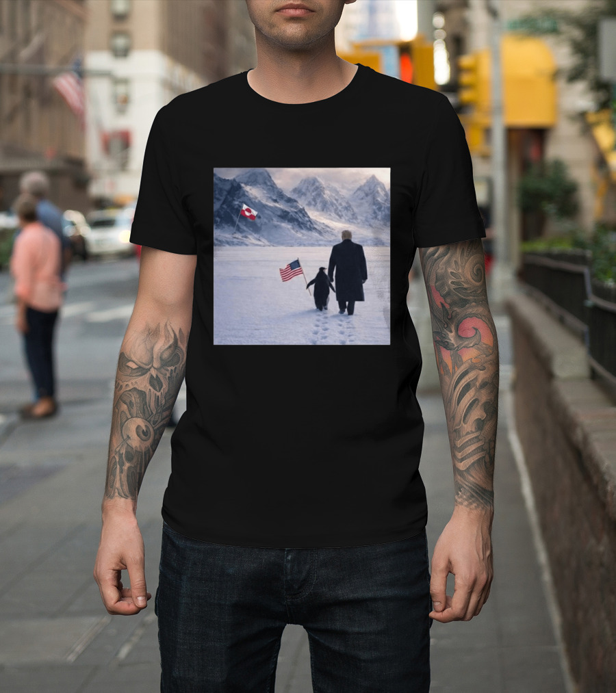 Nihilist Penguin Walking With Trump Antarctica American Flag Greenland Flag T-Shirt