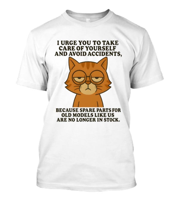 Sad Orange Cat I Urge You To Take Care Of Yourself And Avoid Accidents Spare Parts For Old Models No Longer In Stock T-Shirt