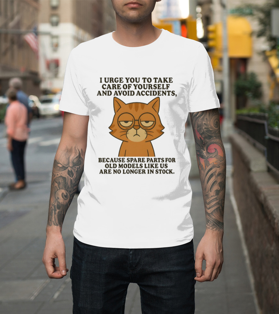 Sad Orange Cat I Urge You To Take Care Of Yourself And Avoid Accidents Spare Parts For Old Models No Longer In Stock T-Shirt