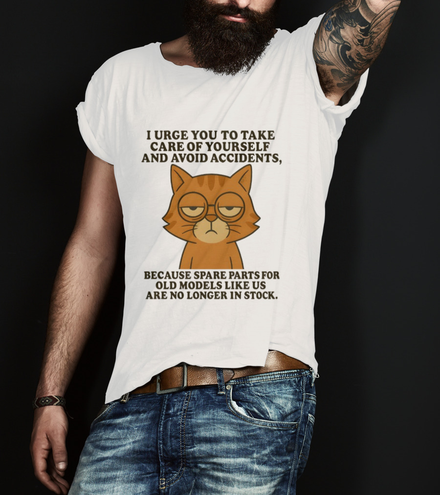 Sad Orange Cat I Urge You To Take Care Of Yourself And Avoid Accidents Spare Parts For Old Models No Longer In Stock T-Shirt