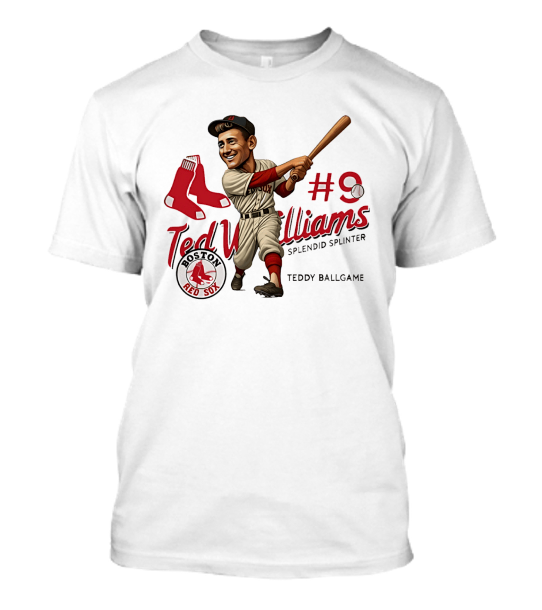Ted Williams Boston Red Sox Splendid Splinter #9 Teddy Ballgame Caricature T-Shirt