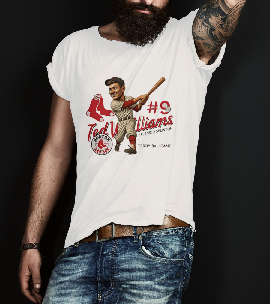 Ted Williams Boston Red Sox Splendid Splinter #9 Teddy Ballgame Caricature T-Shirt