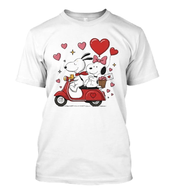 Valentines Day Snoopy Couple Riding Scooter With Hearts And Balloons T-Shirt