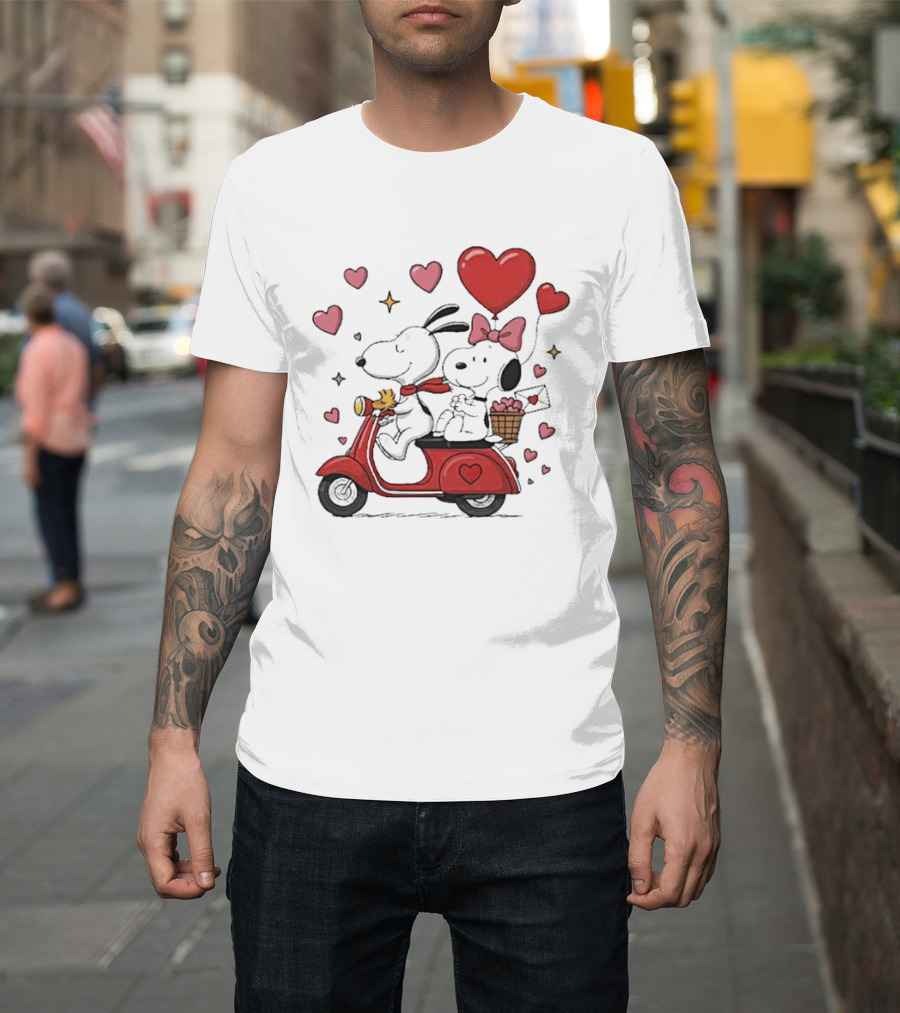 Valentines Day Snoopy Couple Riding Scooter With Hearts And Balloons T-Shirt