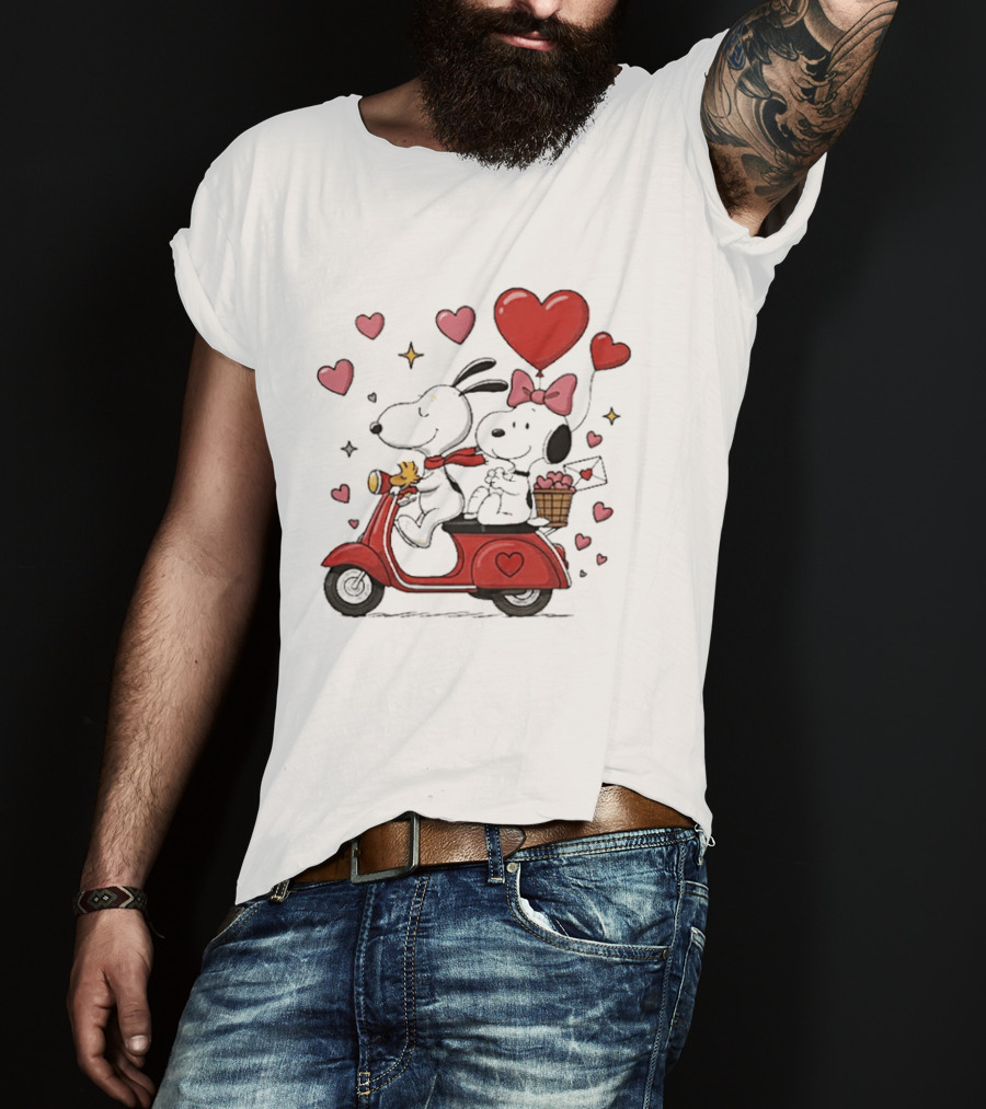 Valentines Day Snoopy Couple Riding Scooter With Hearts And Balloons T-Shirt