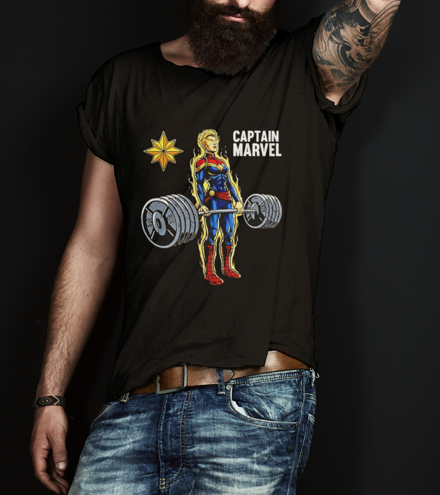 Captain Marvel Lifting Weights Gym Workout Star T-Shirt