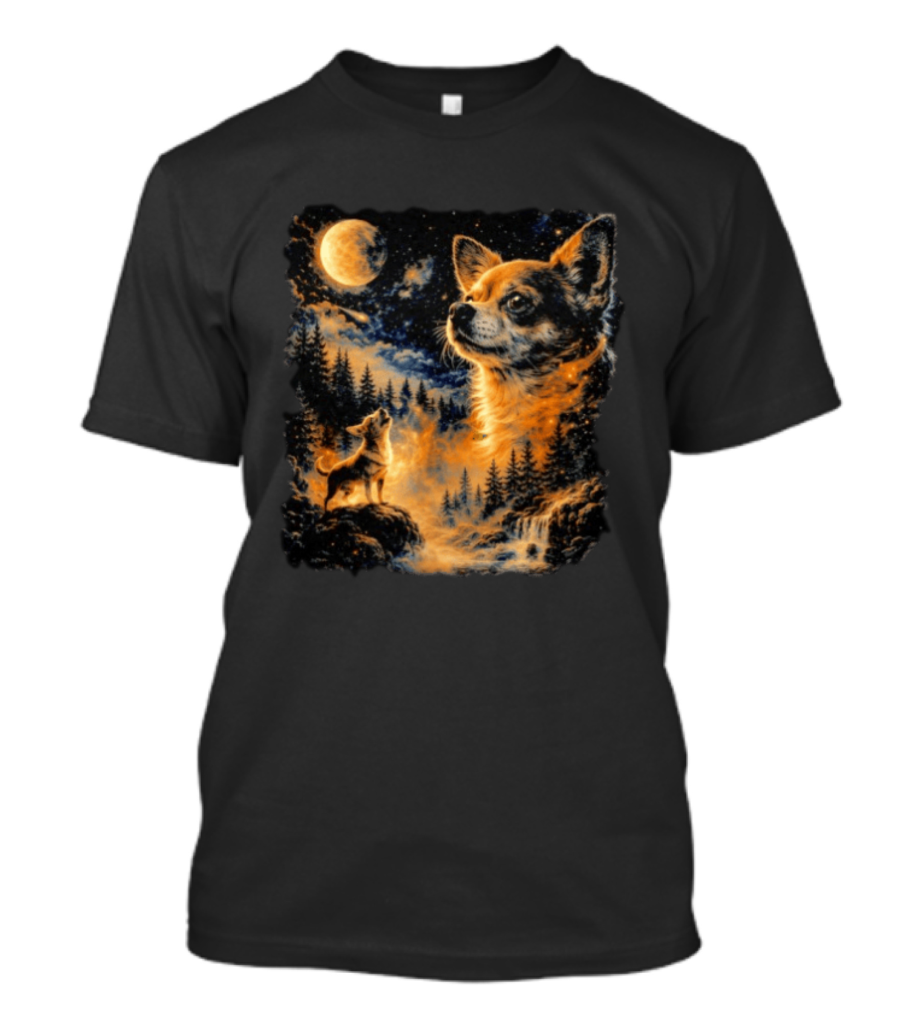 Chihuahua Howling 90s Nostalgia Moonlit Wilderness Scene T-Shirt