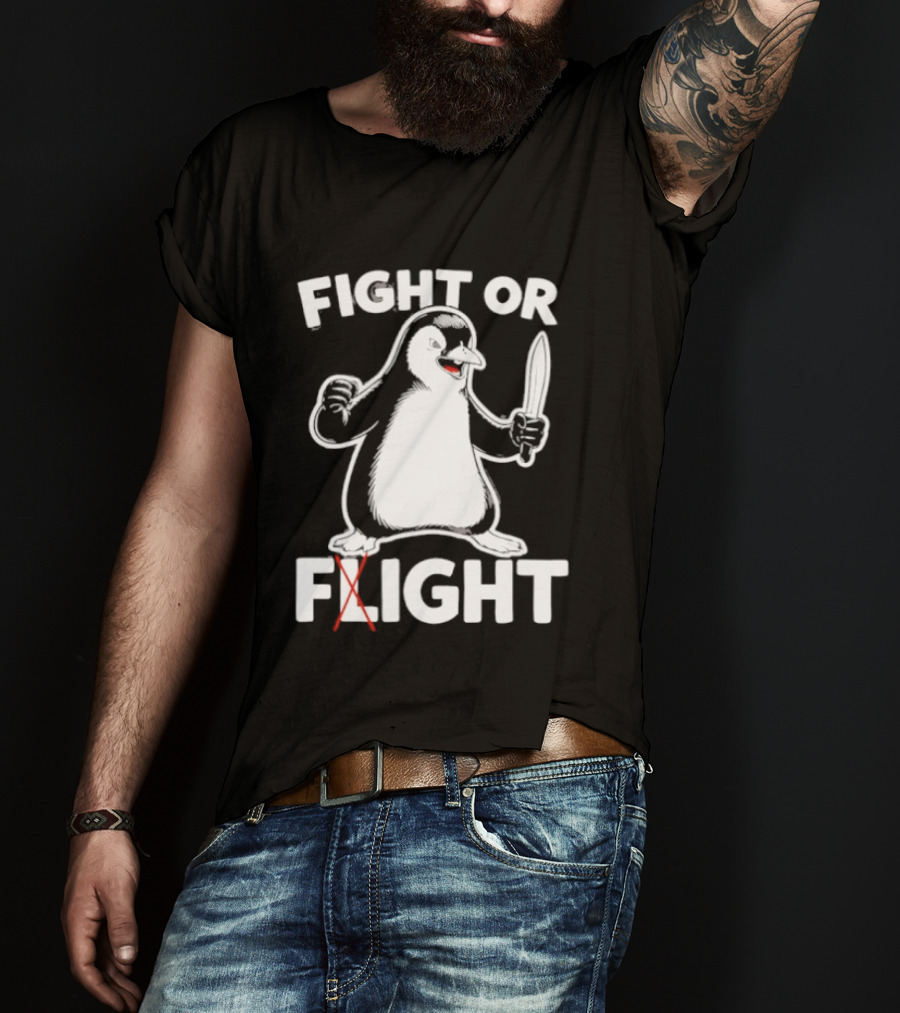 Penguin Holding Knife Fight Or Flight Meme T-Shirt