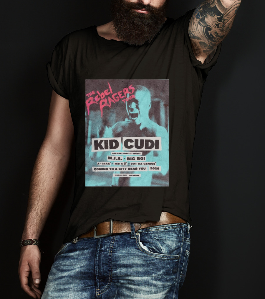 Kid Cudi The Rebel Ragers Tour 2026 Featuring M.I.A. Big Boi A Trak And Dot Da Genius T-Shirt