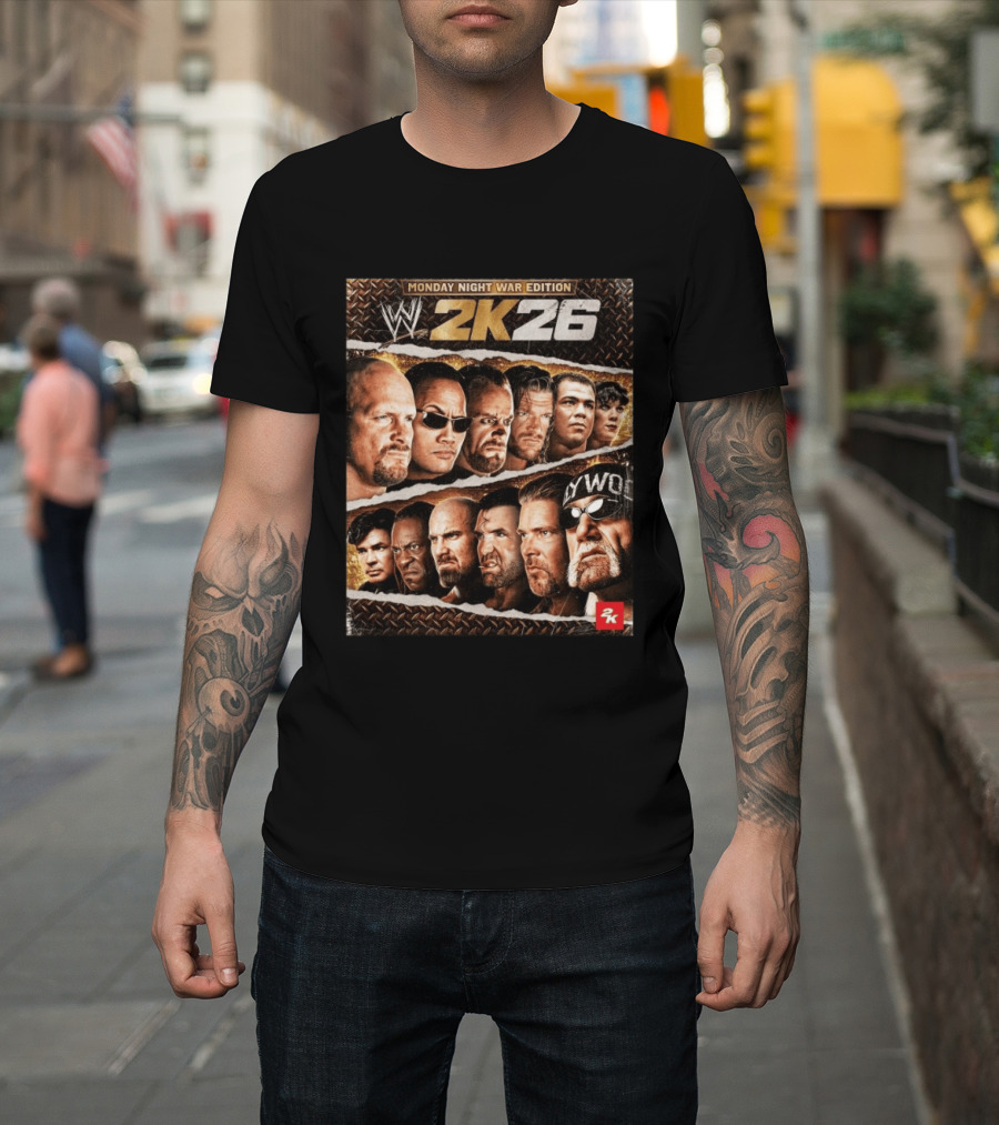 WWE 2K26 Monday Night War Edition Stone Cold Steve Austin Hollywood Hogan The Rock Shawn Michaels Triple H Cover T-Shirt