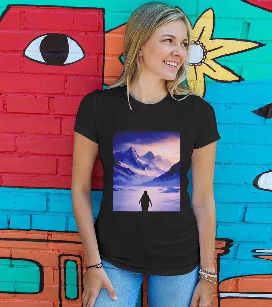 Nihilist Penguin Silhouette In Mountainous Ice Landscape T-Shirt