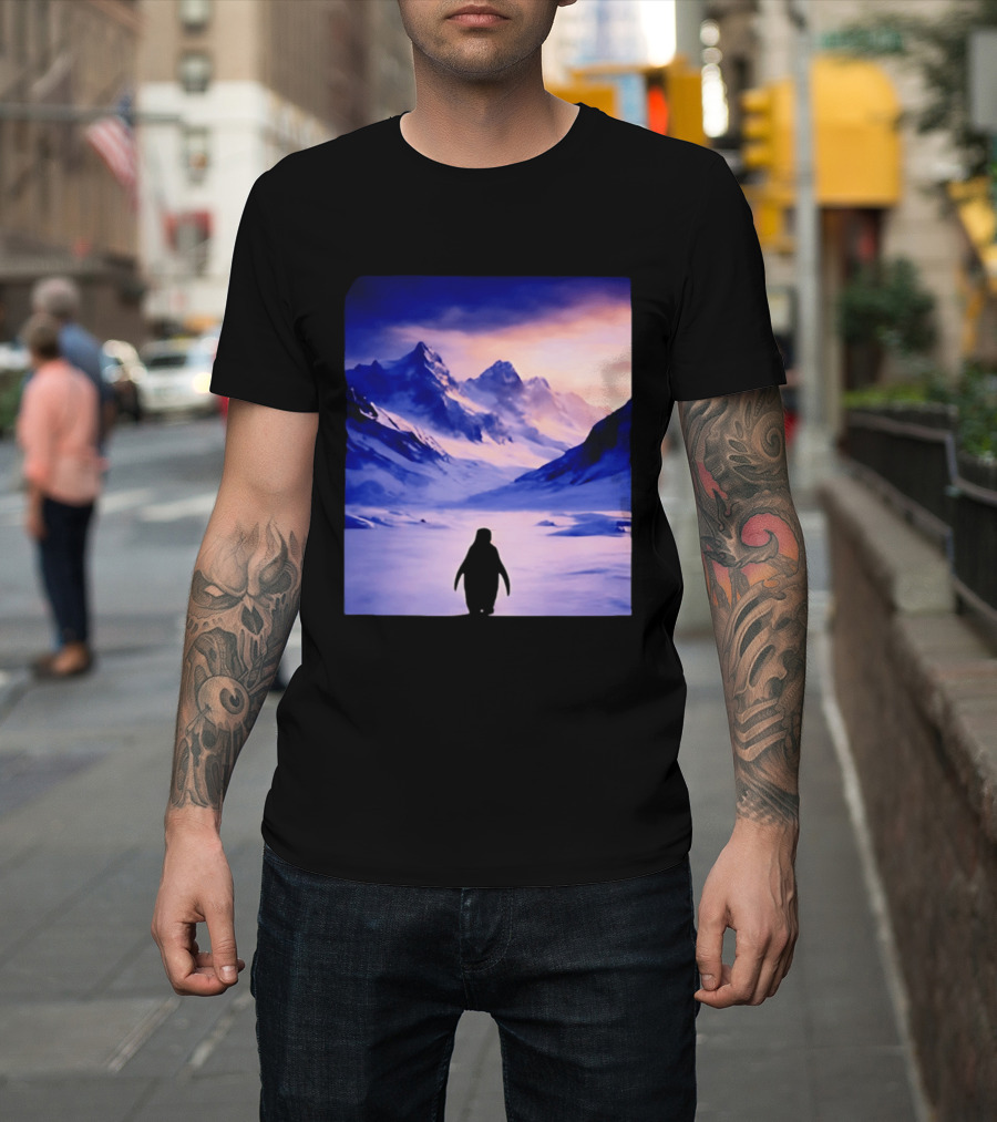 Nihilist Penguin Silhouette In Mountainous Ice Landscape T-Shirt