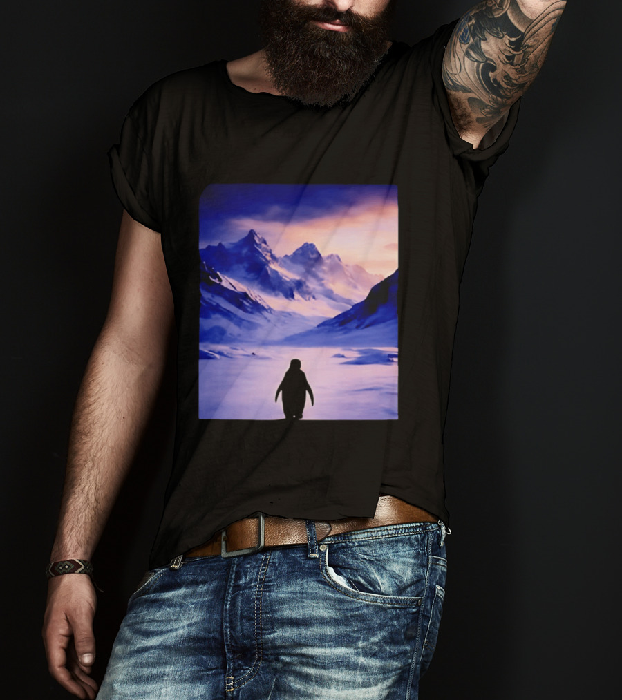 Nihilist Penguin Silhouette In Mountainous Ice Landscape T-Shirt