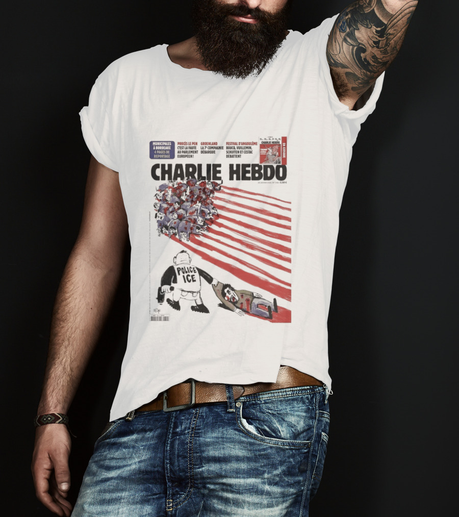 Charlie Hebdo ICE Officer With Flag And Migrant Scene T-Shirt